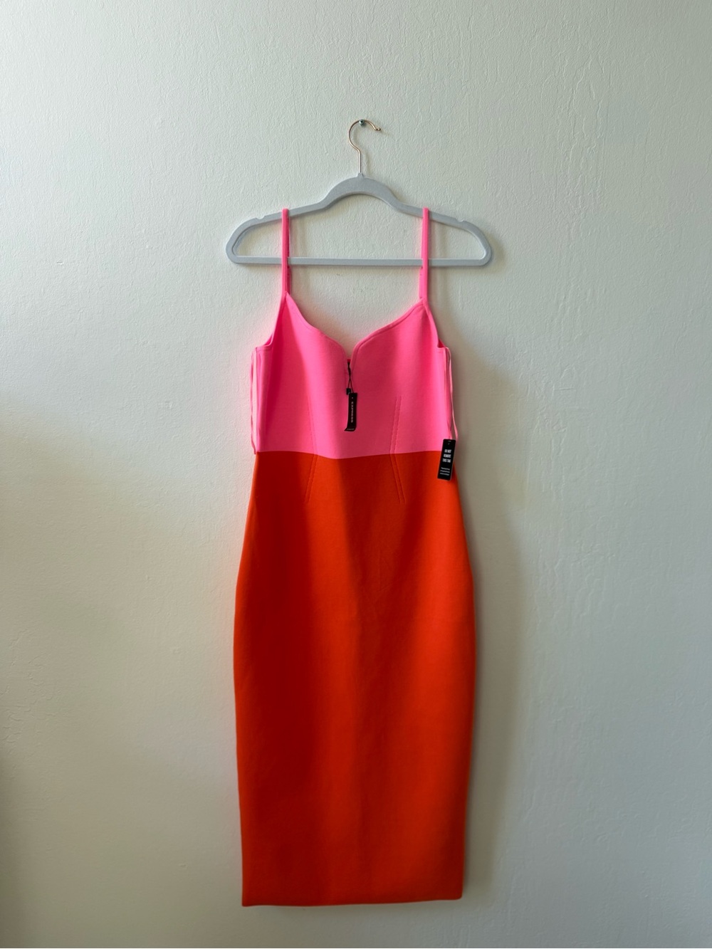 NWT Express Body Contour Colorblock Pink & Orange Midi Dress - Picture 4 of 8